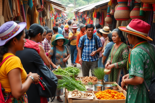 Viajantes interagindo com moradores locais em um mercado colorido, explorando artesanato tradicional e práticas sustentáveis. Cena vibrante com alimentos locais e apresentações culturais, destacando a conexão entre turismo cultural e viagem autêntica.
