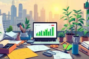 Espaço de trabalho vibrante com materiais inovadores, esboços e uma planta, simbolizando crescimento e sustentabilidade, ideal para bootstrapping e empreendedorismo.