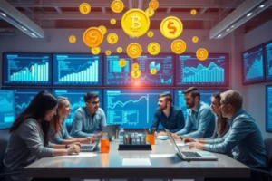 Grupo diversificado de empreendedores colaborando em torno de uma mesa, com telas digitais exibindo gráficos de financiamento coletivo, crowdfunding e ícones de fontes de financiamento.