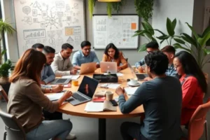 Grupo de empreendedores estudando juntos em um ambiente moderno, simbolizando educação contínua para empreendedores.