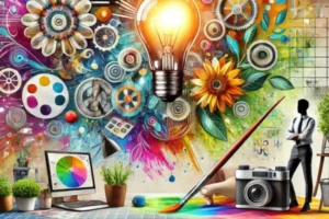 Ilustração vibrante destacando o conceito de empreendedorismo criativo com elementos representando negócios, arte e tecnologia.