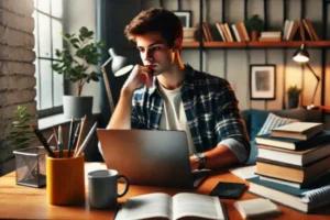 Jovem estudando em uma mesa com livros e laptop, representando o equilíbrio entre estudos e empreendedorismo na juventude.