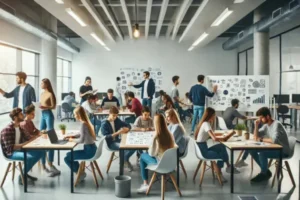 Jovens colaborando em uma sala de aula para atividades de empreendedorismo para jovens, com laptops, cartazes e um ambiente dinâmico.