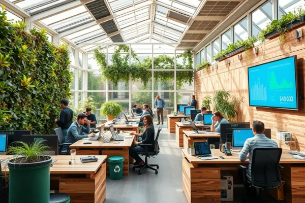 Escritório moderno e sustentável com luz natural, mesas de madeira reciclada, paredes verdes com jardins verticais e painéis solares no teto. Funcionários colaborando em um ambiente eco-friendly, com lixeiras de reciclagem e um painel digital mostrando economia de energia e redução de pegada de carbono. Exemplo de sustentabilidade empreendedora no empreendedorismo moderno.