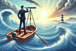 Empresário em um barco navegando em águas turbulentas, simbolizando gestão de crise e busca por soluções estratégicas.