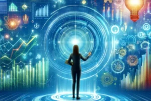 Ilustração moderna representando growth hacking com elementos de tecnologia, criatividade e análise de dados.