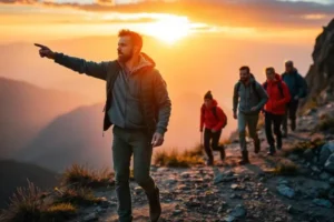 Líder empreendedor guiando um grupo de pessoas em uma trilha de montanha ao nascer do sol, simbolizando liderança empreendedora e visão de futuro.