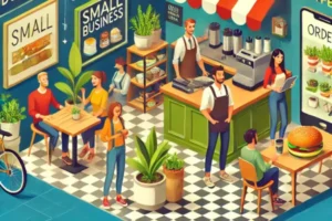 Empreendedor sorridente em uma pequena empresa moderna, atendendo clientes em um ambiente sustentável e tecnológico.