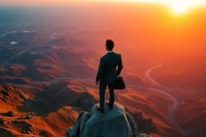 O planejamento de longo prazo para empreendedores. Um homem no topo de uma montanha, olhando para o horizonte, simbolizando a visão de longo prazo.