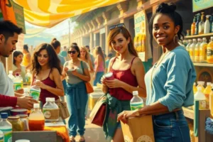 Empreendedores vendendo produtos de limpeza ecológicos em um mercado movimentado, com tons vibrantes e dourados, retratando a energia e paixão de negócios sustentáveis.