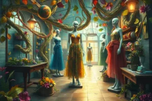Ateliê mágico com manequins flutuantes vestindo roupas sustentáveis, cercados por padrões de folhas, flores e materiais reciclados. Cores vibrantes e detalhes intrincados em um estilo onírico e artístico.
