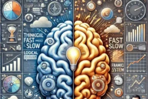 Representação visual dos sistemas de pensamento humano (Sistema 1 e Sistema 2) e sua relação com a tomada de decisão em empreendedores, destacando aspectos como vieses cognitivos e estratégias de superação.