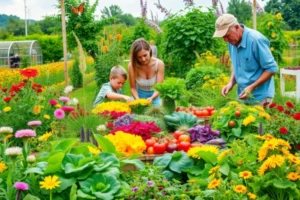 Família cuidando de uma horta vibrante com vegetais e frutas coloridos, cercada por plantas floridas e borboletas, exemplificando a agricultura familiar sustentável e a sustentabilidade na prática agrícola.