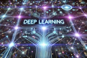 Ilustração de rede neural futurista com nós azuis e roxos brilhantes, representando a tecnologia Deep Learning.