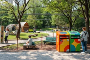 Parque sustentável no Brasil com instalações artísticas de materiais reciclados, lixeiras inteligentes coloridas e painéis interativos sobre desenvolvimento sustentável, mostrando harmonia entre natureza e tecnologia.