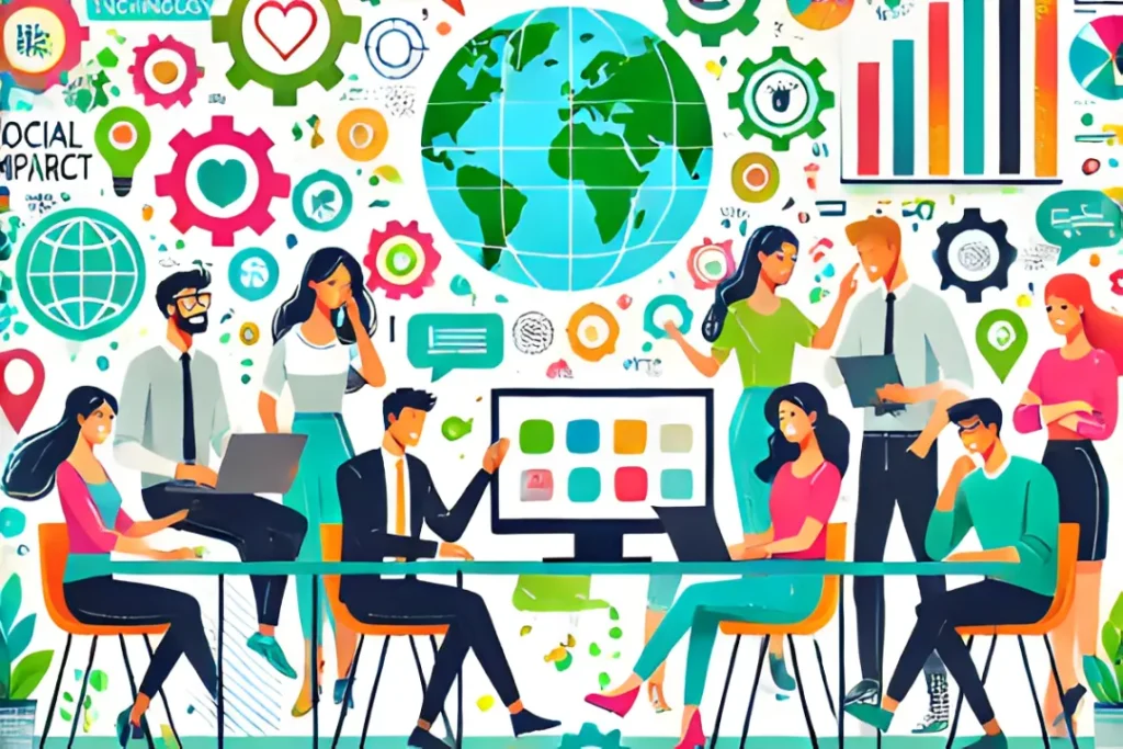 Ilustração vibrante de jovens empreendedores colaborando em ambiente tecnológico, representando o empreendedorismo em 2025 e o empreendedorismo social.