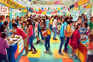 Alunos em uma feira de empreendedorismo escolar com barracas coloridas vendendo produtos e interagindo.
