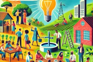 Pessoas colaborando para promover impacto social em uma comunidade, representando o conceito de empreendedorismo social.