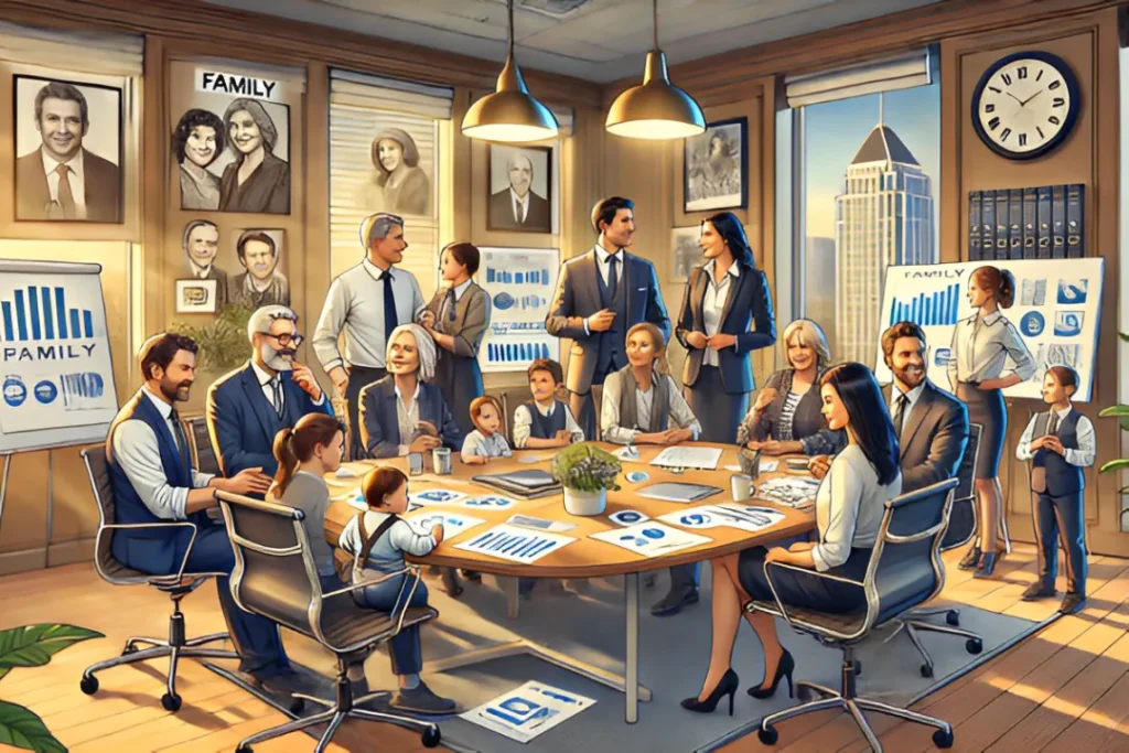 Colaboração em uma empresa familiar com várias gerações trabalhando juntas em um ambiente corporativo.