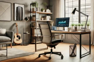 Autodisciplina para empreendedores que buscam a regularidade no trabalho remoto. Ambiente de home office moderno e organizado, ideal para manter a autodisciplina e constância nos resultados.