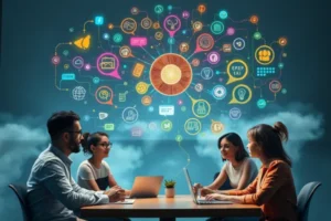Reunião de equipe diversificada em sessão de brainstorming com interface de inteligência artificial projetada, destacando ideias e estratégias de vendas.