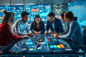 Equipe de negócios analisando KPIs e indicadores de performance em telas high-tech, com gráficos coloridos e atmosfera colaborativa.