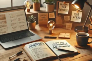 Mesa de home office organizada com um diário aberto, representando a prática de autoconsciência para empreendedores.