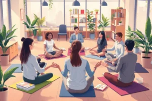 Colaboradores praticando mindfulness no trabalho em um ambiente de escritório moderno.