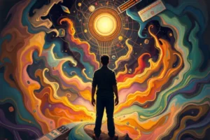 Uma figura em meio a cores e formas em espiral, com um orbe brilhante acima de sua cabeça, simbolizando inspiração e o mindset empreendedor.