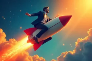 A motivação para empreendedores caracterizada por um empreendedor subindo em um foguete rumo ao espaço, simbolizando ambição e sucesso.