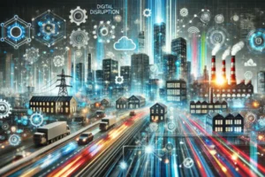 Paisagem digital futurista ilustrando a disrupção digital no Brasil, com edifícios tradicionais sendo transformados por tecnologias como inteligência artificial, big data e robótica