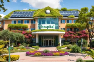 Exterior de um hospital eco-friendly com telhado verde e painéis solares, cercado por jardins exuberantes e flores coloridas, demonstrando integração com a natureza e compromisso com a saúde sustentável.