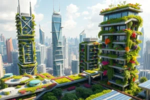 A Sustentabilidade Ambiental da Skyline de uma cidade futurista com jardins verticais e telhados verdes, apresentando arquitetura moderna entrelaçada com a natureza.