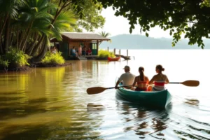 Família fazendo caiaque em rio calmo cercado por manguezais, com luz do sol refletindo na água. Ao fundo, centro de ecoturismo sustentável construído com materiais reciclados, destacando a importância da sustentabilidade no turismo e da conexão com a natureza durante a viagem.